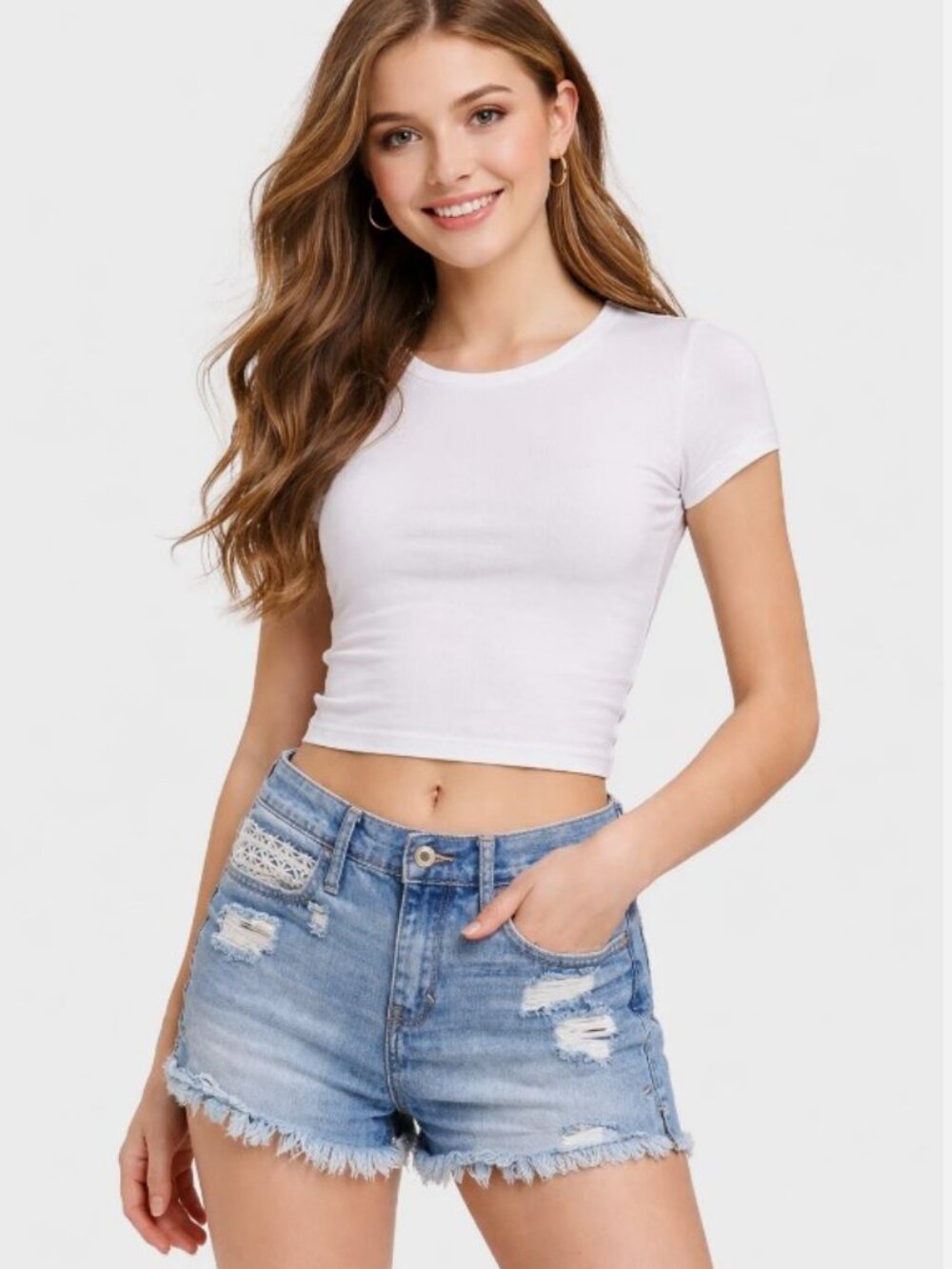 Hollister Crochet Pocket Distressed Denim Shorts Light Wash Size 3 W26